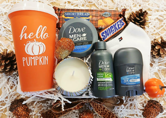 Fall Pumpkin Men's Hygge Gift Basket Dove Spa Set Coffee Tumbler Candle Tommy Hilfiger Socks, Shortbread Cookies Snickers Milk Chocolate