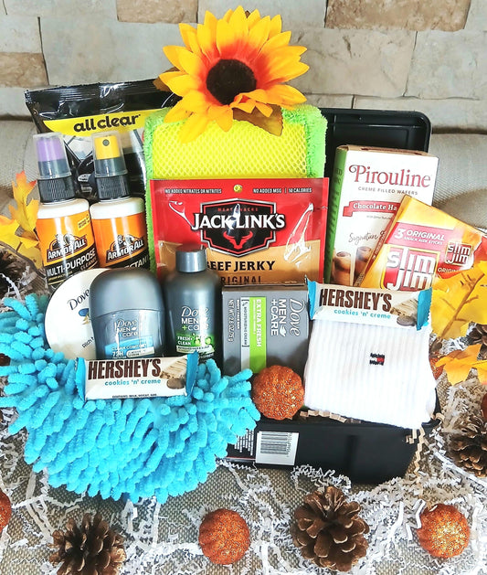 Fall Thanksgiving Birthday Men's Gift Basket: Dove Spa, Car Care, Tommy Hilfiger Socks, Snacks, Chocolate