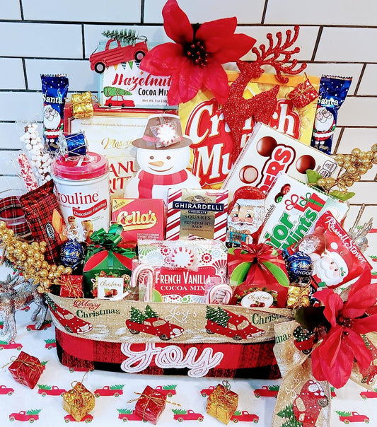 Deluxe Holiday Christmas Santa Gourmet Corporate Family Lindt Ghirardelli Chocolate Popcorn Peanut Brittle Shortbread Cookies Gift Basket