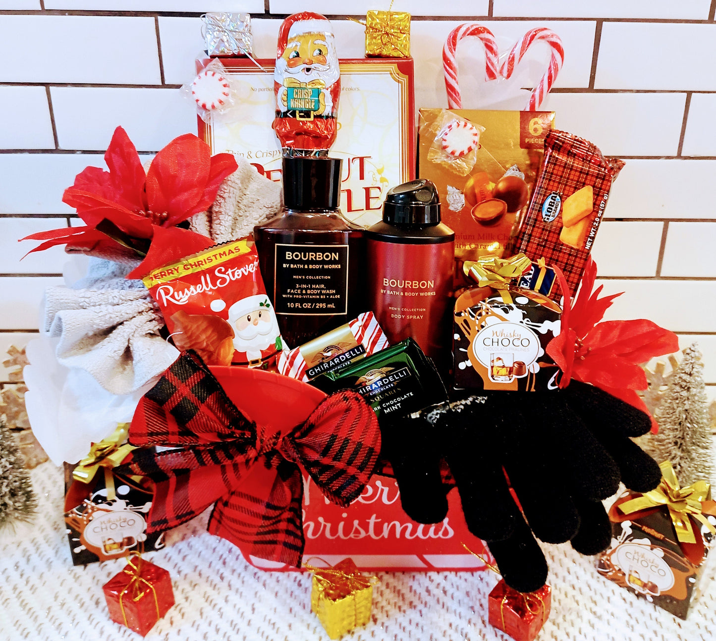 Holiday Christmas Bath & Body Works Bourbon Men's Hair Body Spa Gloves Whiskey Pralines Ghirardelli Chocolate Snacks Sleigh Gift Basket
