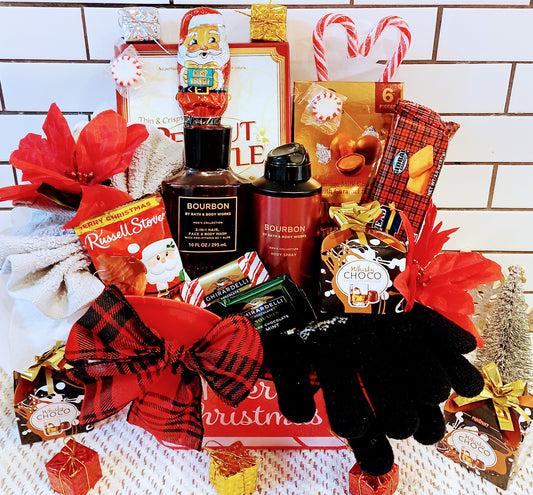 Holiday Christmas Bath & Body Works Bourbon Men's Hair Body Spa Gloves Whiskey Pralines Ghirardelli Chocolate Snacks Sleigh Gift Basket