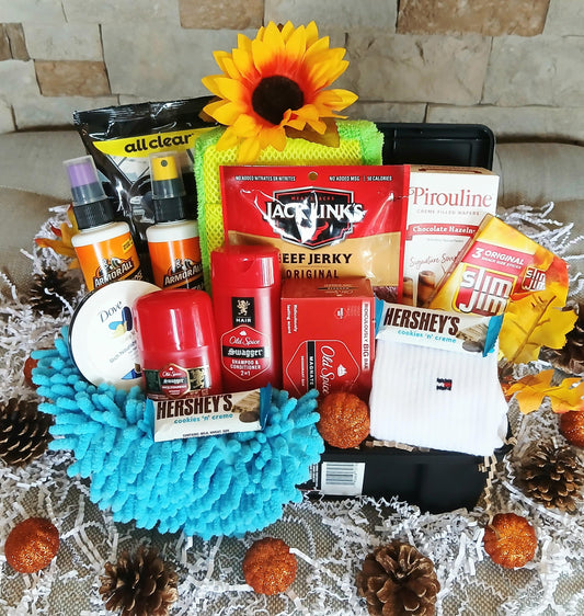 Fall Thanksgiving Birthday Men's Gift Basket: Old Spice Spa, Car Care, Tommy Hilfiger Socks,  Snacks, Chocolate