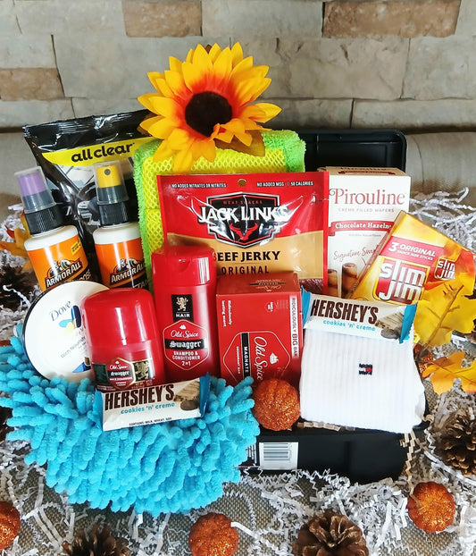 Fall Thanksgiving Birthday Men's Gift Basket: Old Spice Spa, Car Care, Tommy Hilfiger Socks,  Snacks, Chocolate