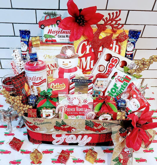 Deluxe Holiday Christmas Santa Gourmet Corporate Family Lindt Ghirardelli Chocolate Popcorn Peanut Brittle Shortbread Cookies Gift Basket
