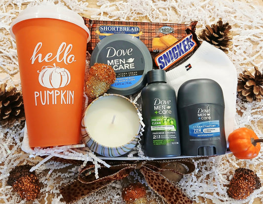 Fall Pumpkin Men's Hygge Gift Basket Dove Spa Set Coffee Tumbler Candle Tommy Hilfiger Socks, Shortbread Cookies Snickers Milk Chocolate