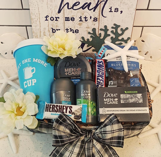 Gift Basket for Him Hamper Holiday Christmas Birthday Graduation Any Occasion Men's Dove Bath Body Spa Orchard Valley Blueberries Chocolate
